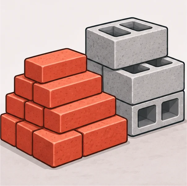 Stack of bricks beside a stack of concrete blocks