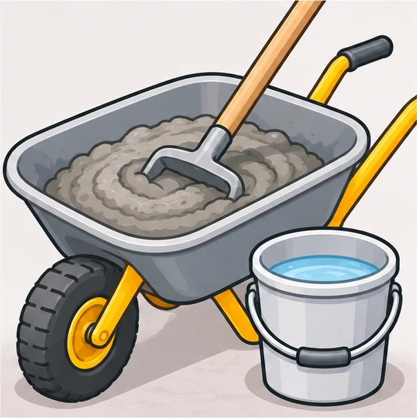 Mortar being mixed with a hoe in a wheelbarrow