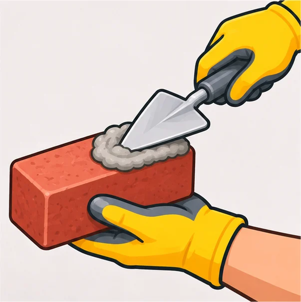 Trowel buttering the end of a brick with mortar