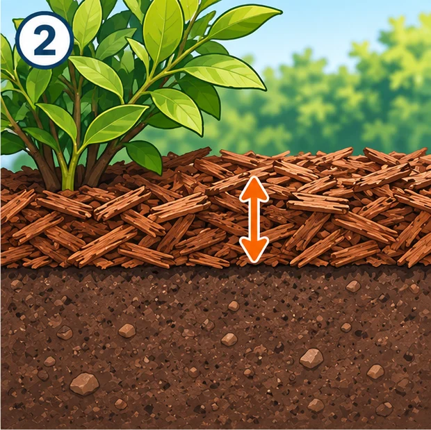 Cross-section of a bed showing mulch depth around a plant