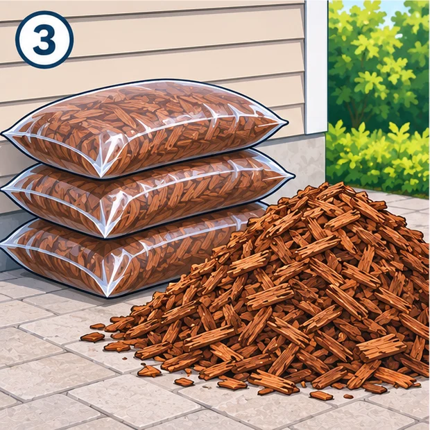 Bags of mulch next to a pile of bulk mulch