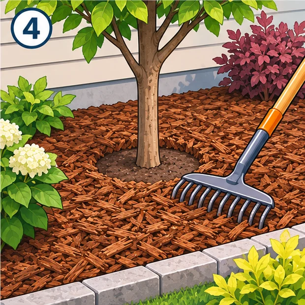 Spreading mulch with a rake, leaving space around a tree trunk