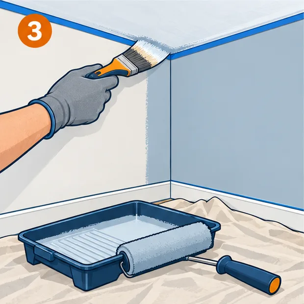 Cutting in along the ceiling line with an angled brush, with a roller and tray below