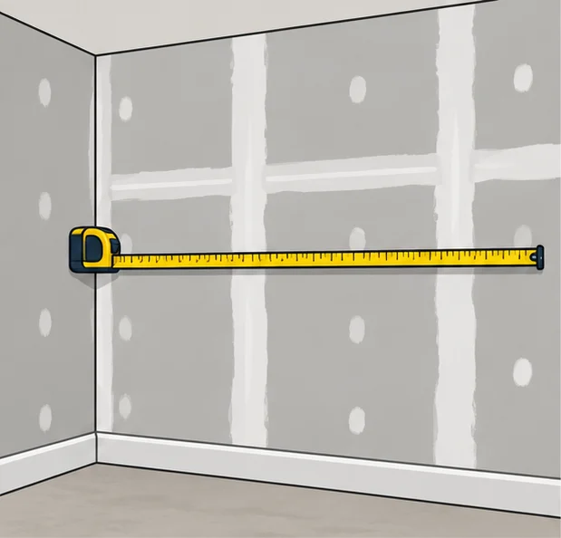 Tape measure along a bare drywall wall with taped seams