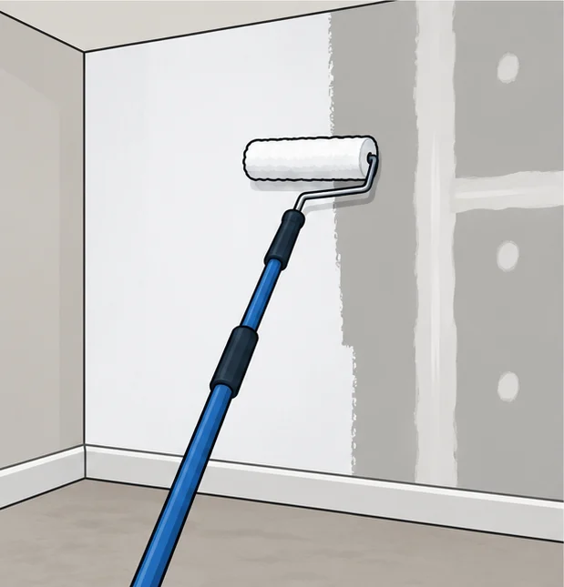 Paint roller rolling white primer onto a gray drywall wall