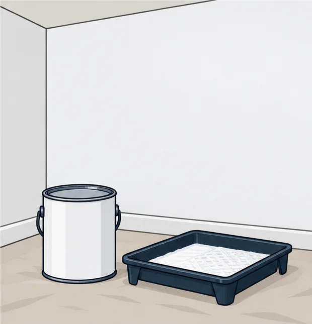 Primed white wall drying next to a can of paint