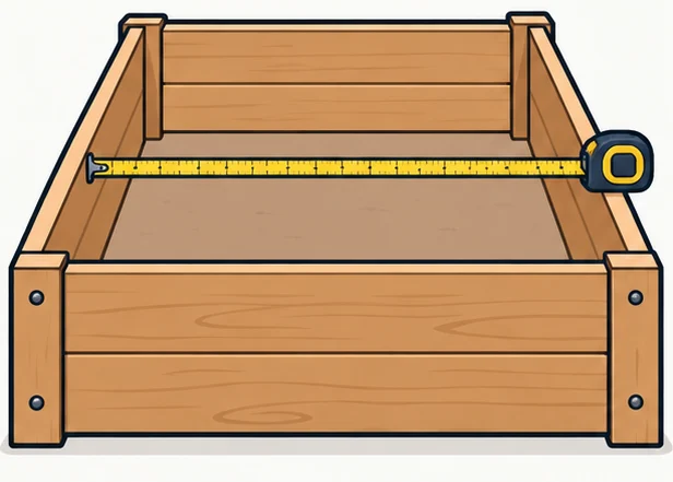 Tape measure across the inside of a wooden raised garden bed