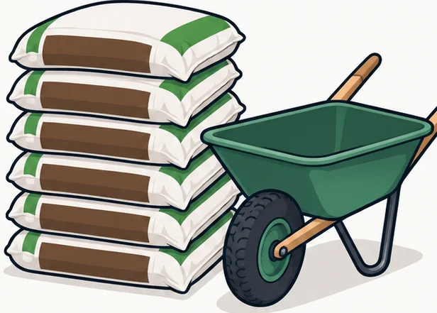 Stack of bagged garden soil next to a wheelbarrow