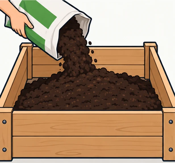 Soil being poured from a bag into a raised bed