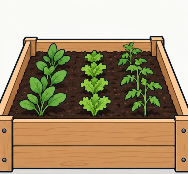 Raised bed full of soil with young vegetable plants