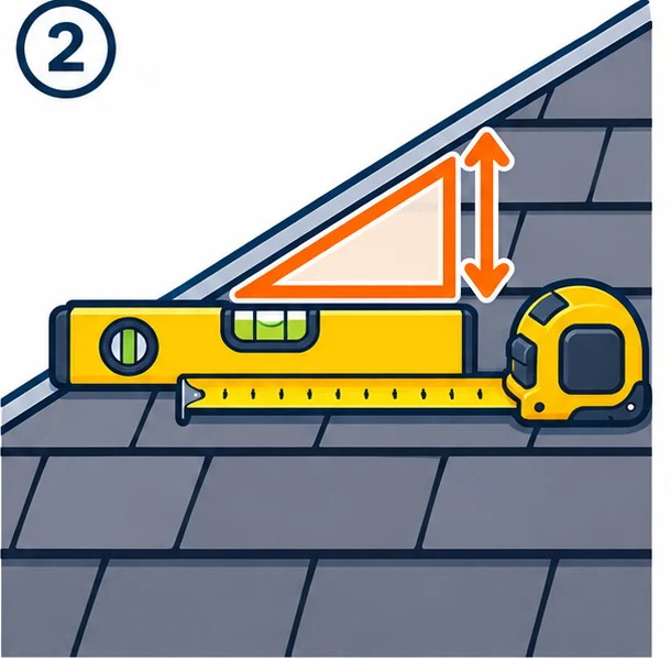 Level and tape measure showing roof rise over a 12 inch run