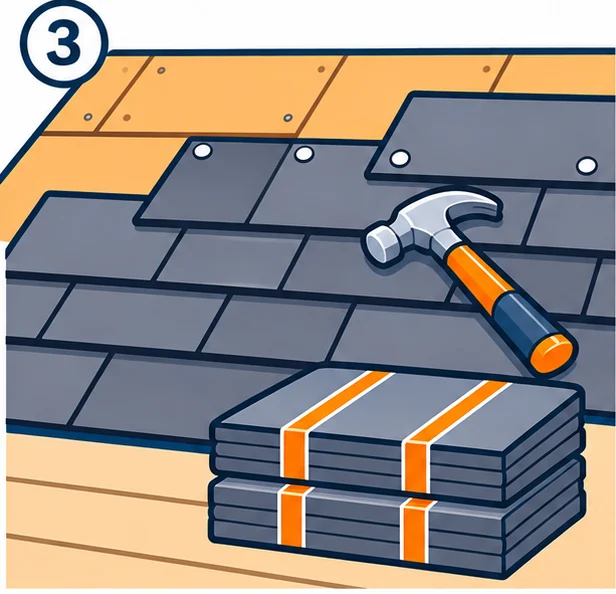 Asphalt shingles being nailed onto a roof with bundles nearby
