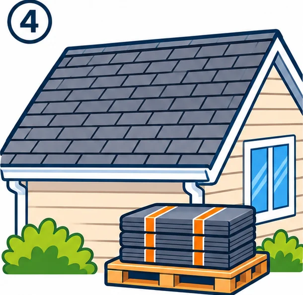 Finished shingled roof with spare bundles on a pallet