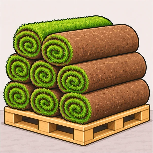 Pallet of stacked sod rolls
