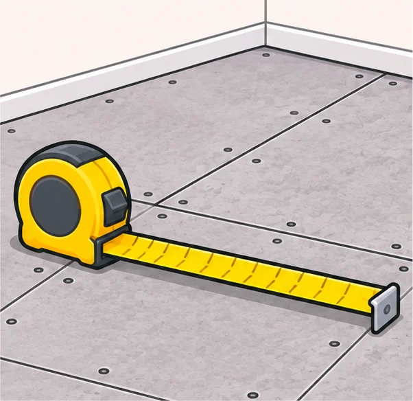 Tape measure across a bare subfloor or cement board