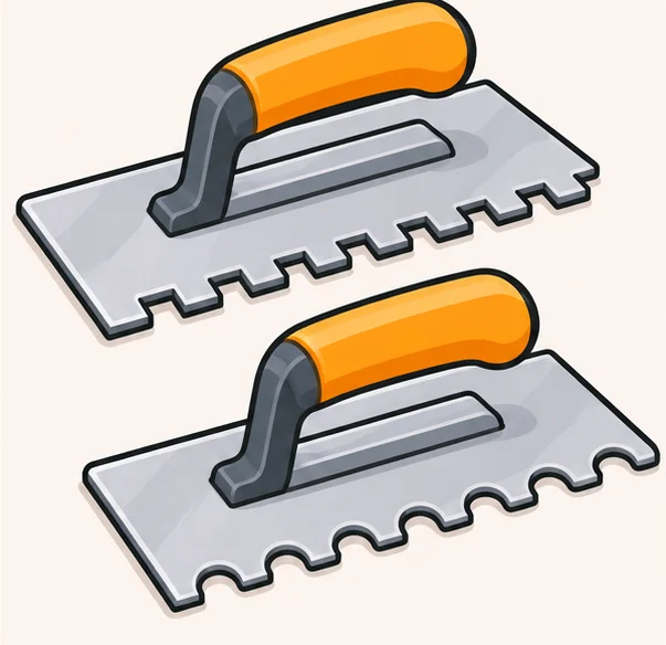 Two notched trowels with square and U-shaped teeth