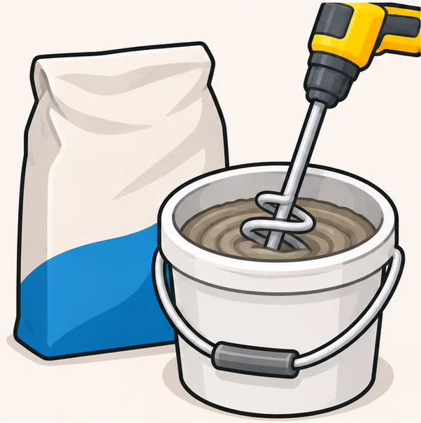 Bag of thin-set powder, a bucket and a mixing paddle on a drill