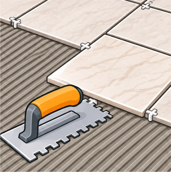 Notched trowel combing ridges of mortar on a floor, a tile being set