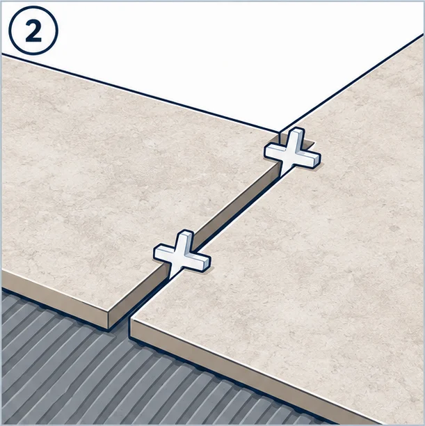 Two tiles with spacers and an even grout gap