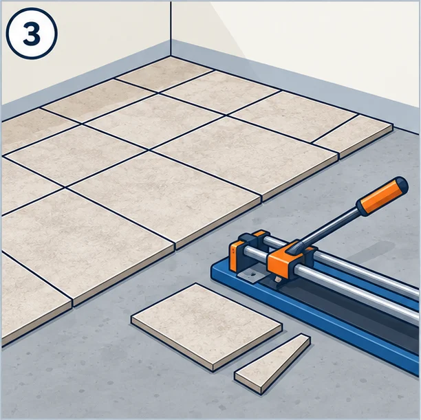 Tiles laid in a straight grid with cut tiles at the wall